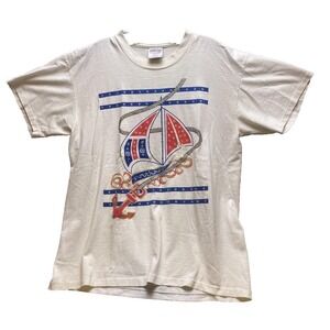 VTG Sailboat Shirt Mens Large White Single Stitch Anchor Sailing Patriotic 1990s